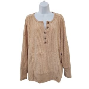 Bibi Womens Tan Button Up Waffle Knit Top Size M